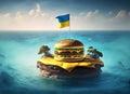 An island with hamburger with Ukrainian flag on it in the middle of the ocean. Generative AI