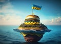 An island with hamburger with Ukrainian flag on it in the middle of the ocean. Generative AI