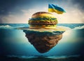 An island with hamburger with Ukrainian flag on it in the middle of the ocean. Generative AI