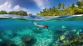 Island holiday vacation on the beach. Swimming and snorkeling underwater with coral reef and fish. Royalty Free Stock Photo