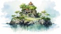 China Watercolor Illustration: Romantic Islet With Stone And Wood House