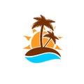 Island icon, palm trees with sun, flat design template, vector illustration Royalty Free Stock Photo