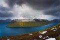 Island of Kalsoy viewed from the Klakkur mountain near Klaksvik on Faroe Islands