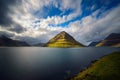 The island of Kunoy viewed from city of Klaksvik in the Faroe Islands, Denmark