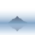 Island landscape vector illustration with fog or mist atmosphere. Calm, serene, tranquil nature scenery.