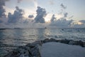 The island of Maldives a gray sunset with clouds a beautiful landscape of a palm tree and the ocean