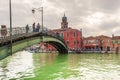 Canale ponte longo with its tourists, crossing the canal, in Murano in Venice in Veneto, Italy