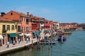 Island Murano in Venice Italy. View on canal with boat and motorboat water. Picturesque landscape. Traditional view of