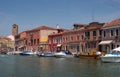 Island Murano in Venice Italy. View on canal with boat and motorboat water. Picturesque landscape. Traditional view of