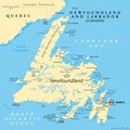 Island of Newfoundland, political map, part of Newfoundland and Labrador
