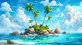 An island in the ocean, calm sea and palm trees under a blue sky, tranquil waters with rocks under a beautiful sky of Royalty Free Stock Photo