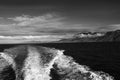 Island and Ocean Seascape in Black and White with Clouds and Wake Royalty Free Stock Photo