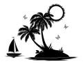 Island with palm and ship silhouettes Royalty Free Stock Photo