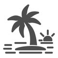 Island with a palm tree solid icon, Summer concept, sunset sign on white background, Coconut palm tree on island icon in