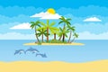 Island with palm trees in the middle of the ocean. Sea landscape of the island with palm trees and dolphins in the sea. Royalty Free Stock Photo