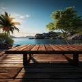 Island retreat Blurred sea island and sky backdrop complement wooden tables charm