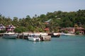 Island riviera with boats near pier, palms and bungalows