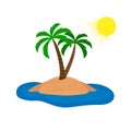 Island in the sea and two palm trees under the sun, flat design Royalty Free Stock Photo