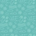 Island seamless pattern in the summer mood with waves, clouds, flowers, palm trees vector in hand drawn linear