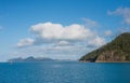 Island seascape with small sailing boat