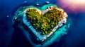 Island in the shape of heart in the middle of the ocean. Generative AI