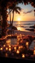 An island shores wedding setup, as the sun sets, a celebration of love and togetherness Royalty Free Stock Photo