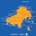 Island of skiathos in Greece orange map and blue background