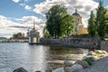 Nilov Monastery on the Stolobny island, Tver region. View of the Archbishop`s Wharf from the artificial dam. Royalty Free Stock Photo