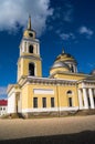 Campanile of the Epiphany Cathedral with a fragment of the Cathedral in Nilov Monastery on the lake Seliger, Tver region. Royalty Free Stock Photo