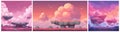 island stone Floating background. Pink cloudy cartoon game level set, rock cloud sky digital graphics computer arcade game vector Royalty Free Stock Photo