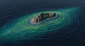 Island surrounded by abstract data lines in deep ocean Royalty Free Stock Photo