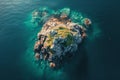 An island surrounded by endless ocean, with waves crashing against its shores, Aerial capture of an isolated rocky islet in a Royalty Free Stock Photo