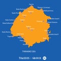 Island of thassos in Greece orange map and blue background