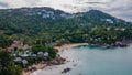 Island with tropical beach, trees and hills near ocean in Thailand. Koh Samui. Asia. Drone. Royalty Free Stock Photo