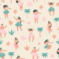 Island tropical seamless pattern with hawaiian people dancing and partying.