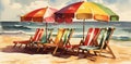 beach vacation rest background resort chair sunny umbrella relax summer watercolor. Generative AI. Royalty Free Stock Photo