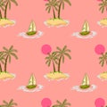 Island and Yacht Pattern, Palm Trees Seamless Pattern, Vector Illustration EPS 10.