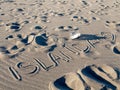 ISLANDA handwriting on black sand beach, Iceland Royalty Free Stock Photo