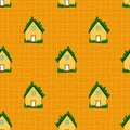 Islandia cute rustic houses simple seamless pattern. Bright green yellow nordic house with grass roof on grid backgroud. Little