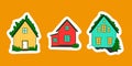 Islandic cute rustic houses stickers set. Bright red blue yellow nordic house with grass roof. Typical norway rural buildings.