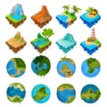 Islands for Computer Game with Desert, Forest, Tropical Beach with Treasure Chest, Ice, Volcano and Globe Earth Sphere