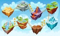 Islands level map. Adventure game play stage, road award fantasy island levels flying land platform bridge in sky