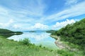 The Islands and mountains on reservior in dam. On the day of clouds and cloud reflection in the beautiful water o Royalty Free Stock Photo