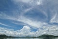 The Islands and mountains on reservior in dam. On the day of clouds and cloud reflection in the beautiful water o Royalty Free Stock Photo