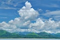 The Islands and mountains on reservior in dam. On the day of clouds and cloud reflection in the beautiful water of  KaengKrachan Royalty Free Stock Photo