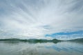 The Islands and mountains on reservior in dam. On the day of clouds and cloud reflection in the beautiful water of  KaengKrachan Royalty Free Stock Photo