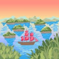 Islands in the sea, floating sailboat, red sails, travel vadol shores, childrens cartoon flat vector illustration Royalty Free Stock Photo