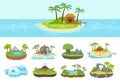 Islands set. Isometric tropical, arctic, island with green palm trees and grove, reeds, volcano, covered with ice with