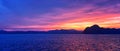 Islands Sunset, Ocean panorama views near Phuket with deep Red, Orange, Purple and Blue, mountains, twilight in Thailand. Includin Royalty Free Stock Photo