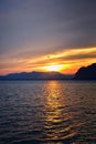 Islands Sunset, Ocean panorama views near Phuket with deep Red, Orange, Purple and Blue, mountains, twilight in Thailand. Includin Royalty Free Stock Photo